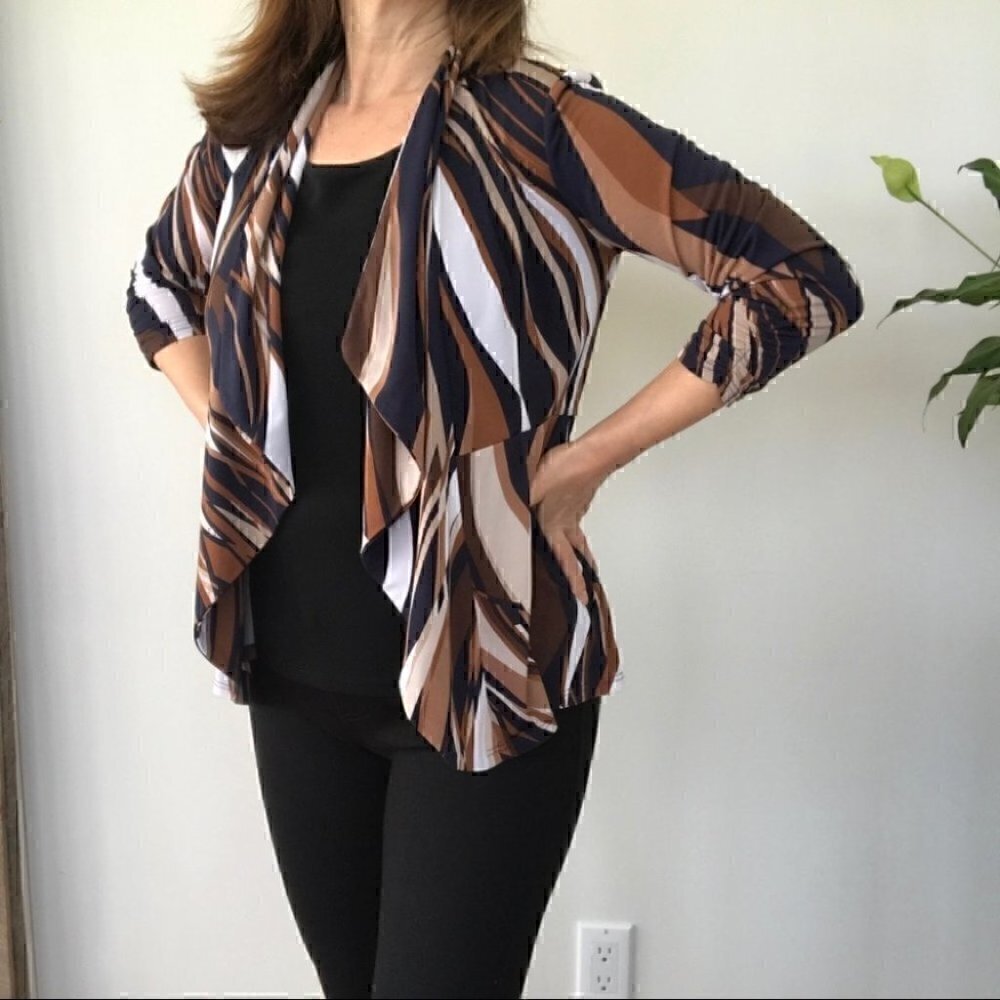 Dressbarn knit print jacket with waterfall front